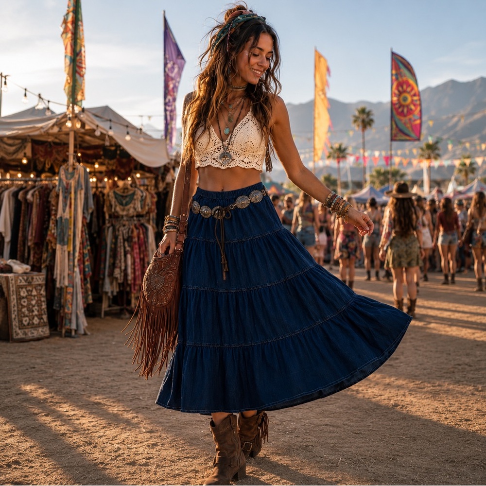 Tiered Chambray Maxi Skirt Blue Small Boho Western Elastic Waist M
